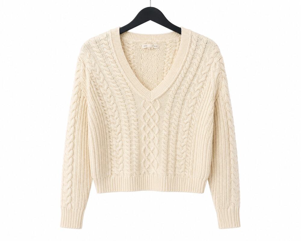 Aeropostale Womens Medium Cream Cable Knit V Neck Cropped Sweater Cotton Acrylic